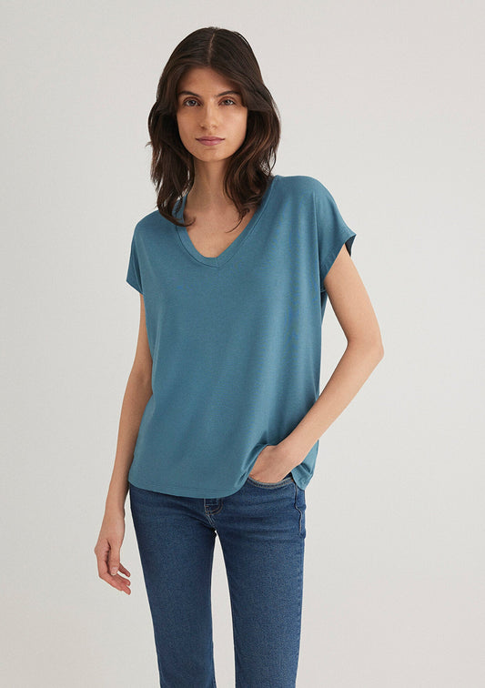 V Neck Blue Basic T-Shirt