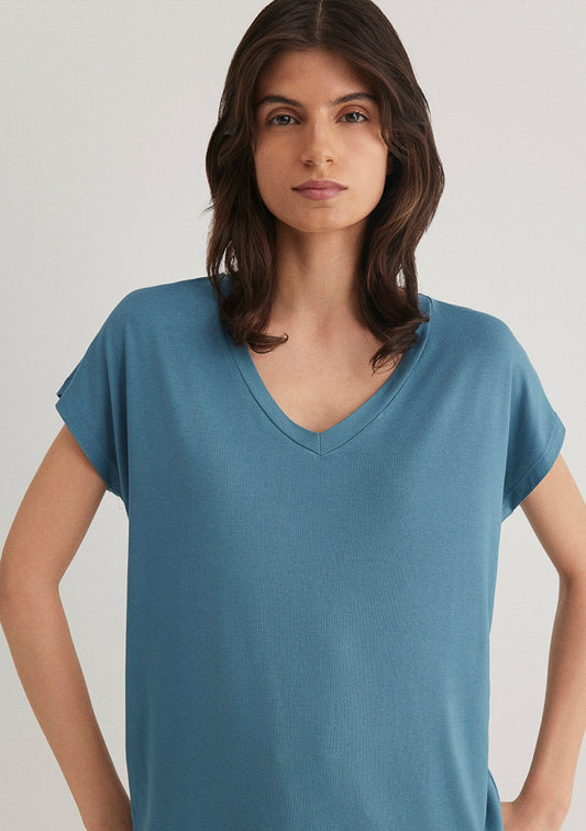V Neck Blue Basic T-Shirt