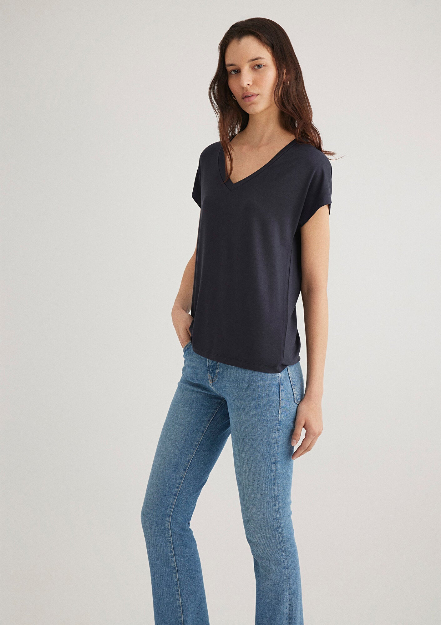 V Neck Blue Basic T-Shirt