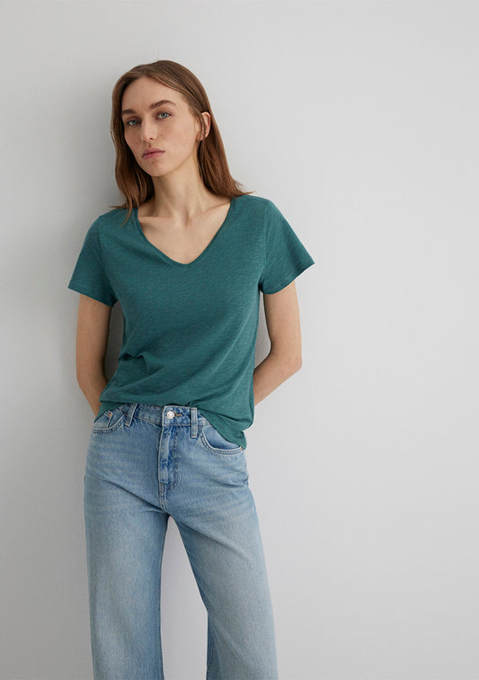 V Neck Green Basic T-Shirt