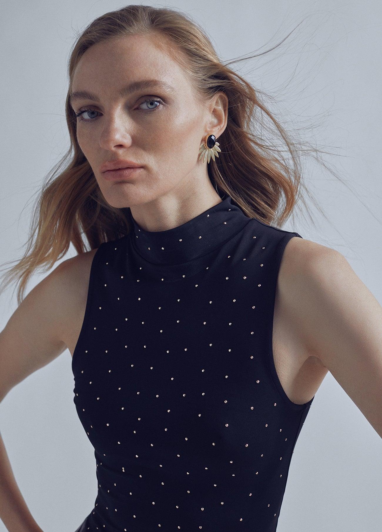 32460008-Perkins collar top with rhinestone detail-Black