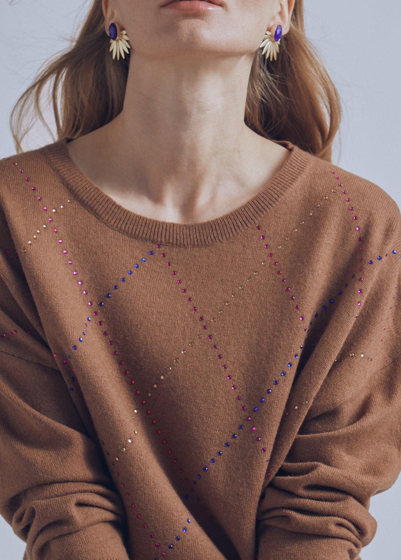 32461007-Multicoloured rhinestone detail sweater-Beige