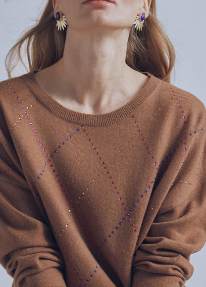 32461007-Multicoloured rhinestone detail sweater-Beige