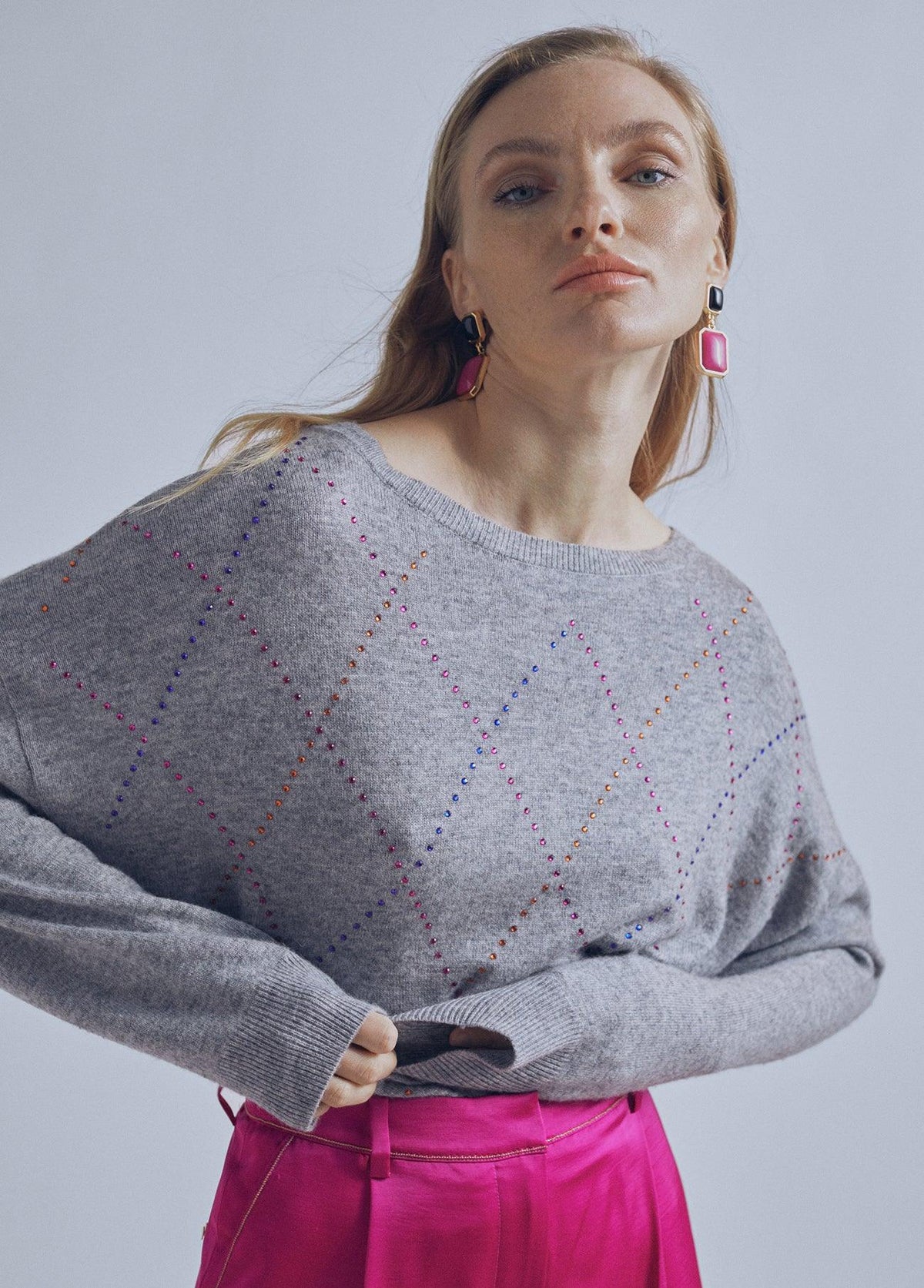 32461007-Multicoloured rhinestone detail sweater-Grey