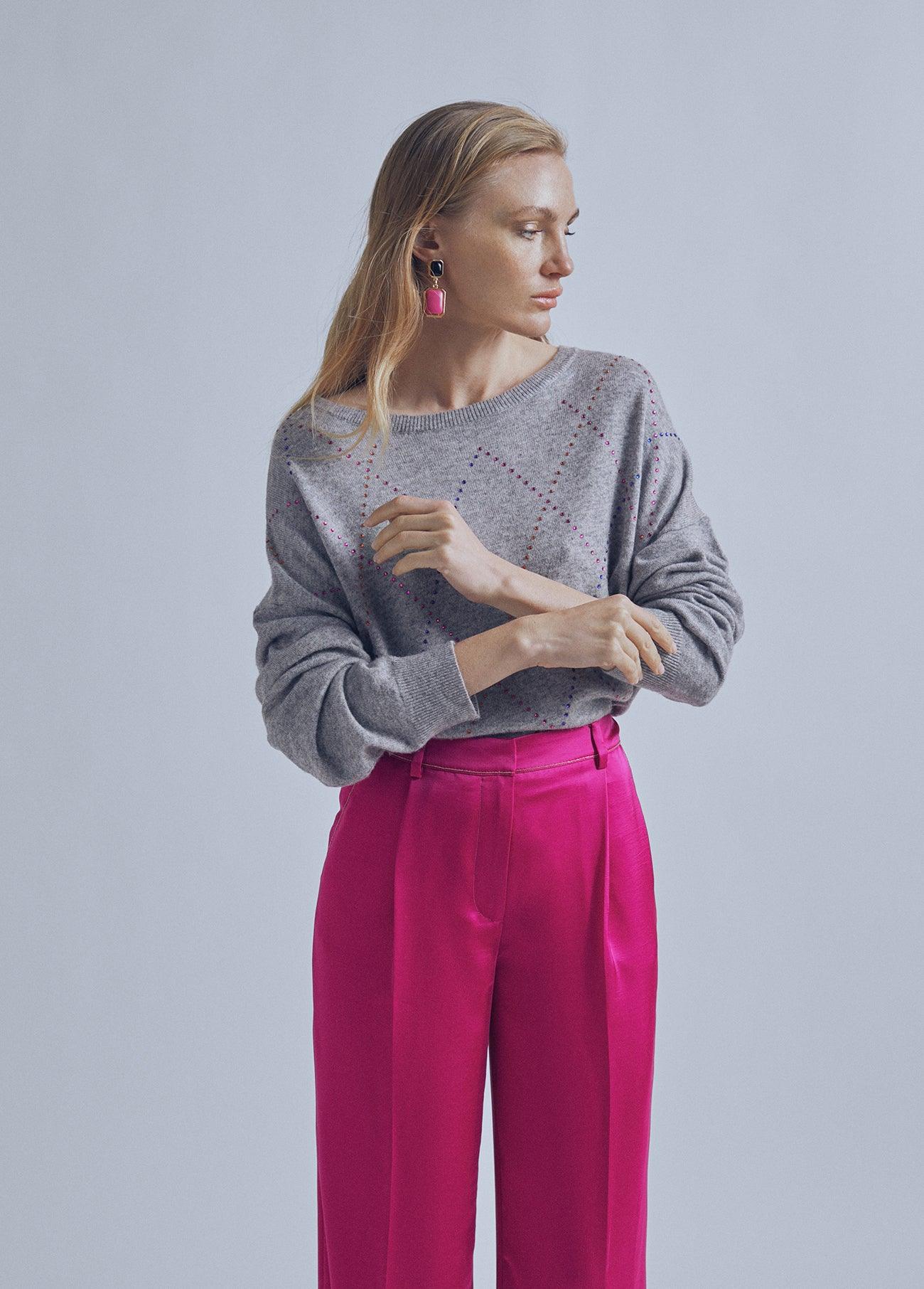 32461007-Multicoloured rhinestone detail sweater-Grey