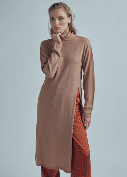 32461008-Long sweater with a high collar and slit detail-Camel