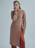 32461008-Long sweater with a high collar and slit detail-Camel