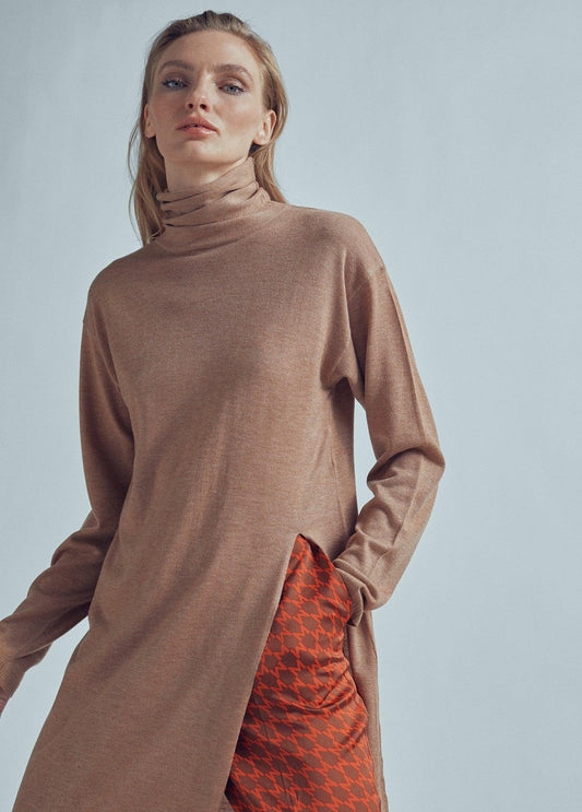 32461008-Long sweater with a high collar and slit detail-Camel
