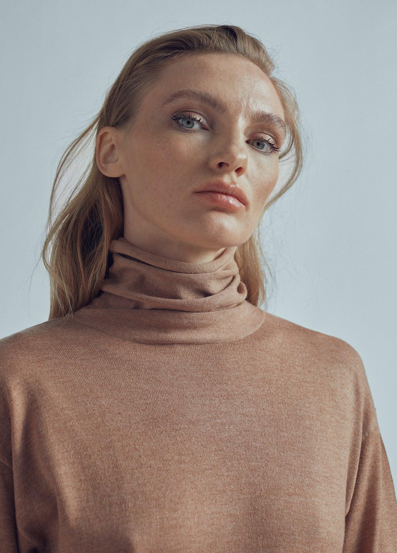 32461008-Long sweater with a high collar and slit detail-Camel