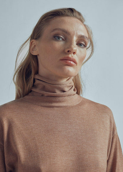 32461008-Long sweater with a high collar and slit detail-Camel