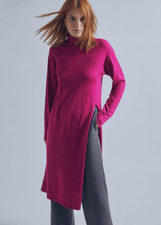 32461008-Long sweater with a high collar and slit detail-Mauve