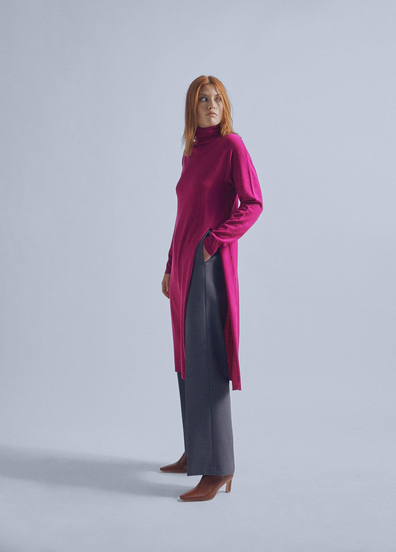 32461008-Long sweater with a high collar and slit detail-Mauve