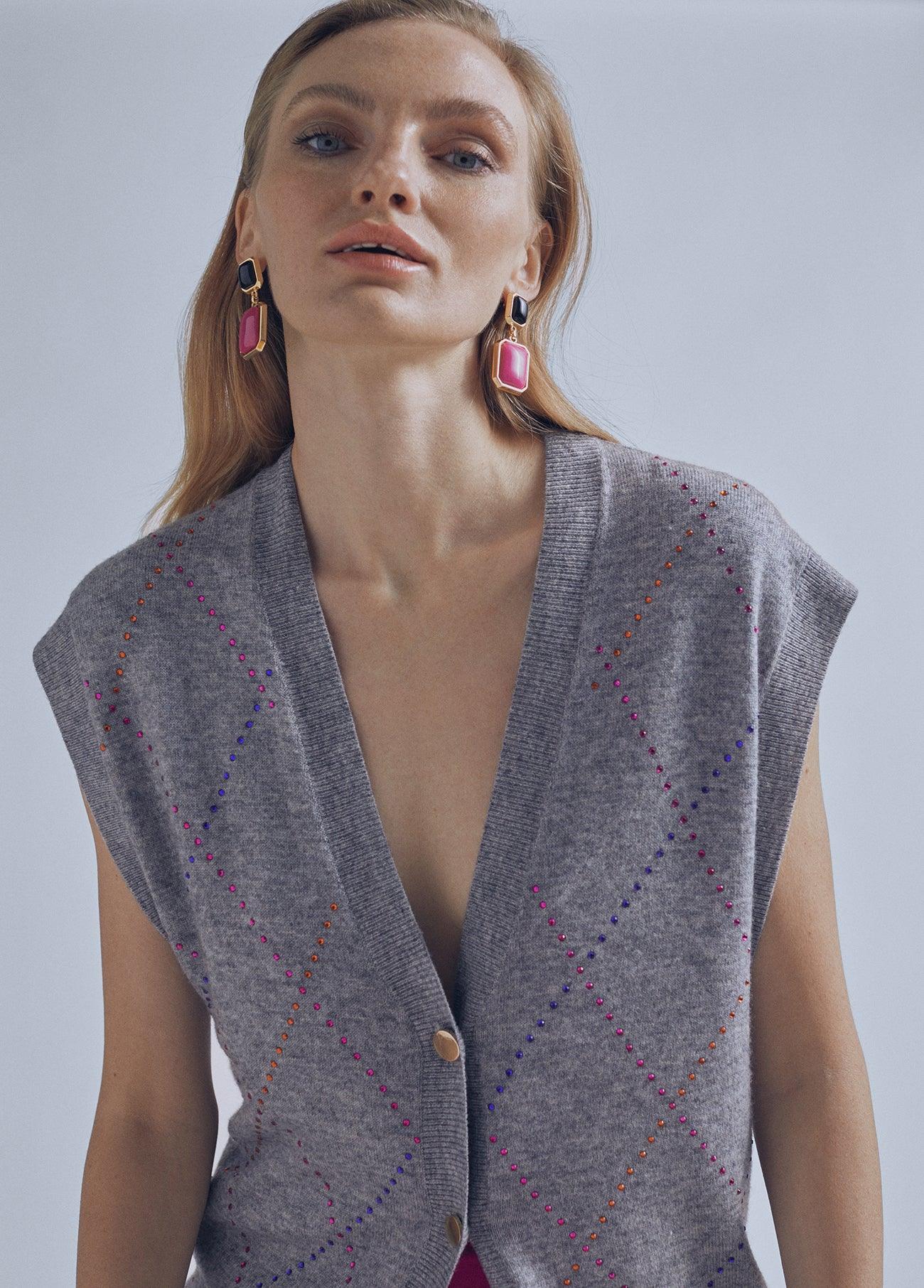 32461019-Contrast rhinestone waistcoat-Grey