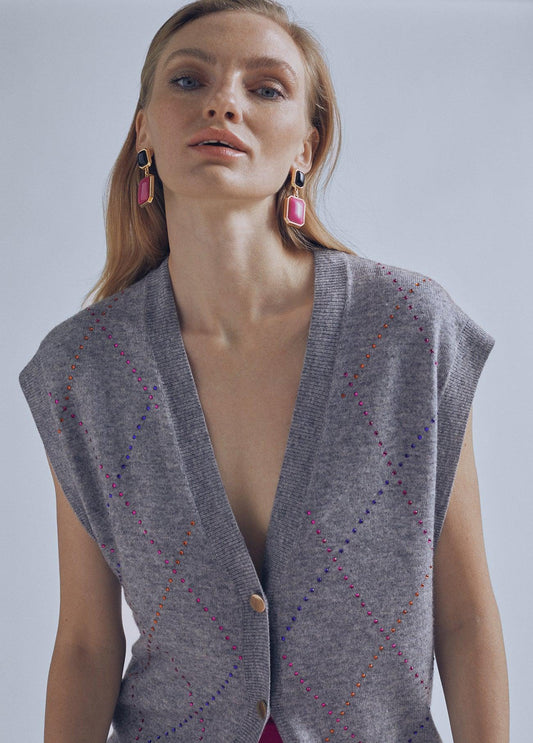 32461019-Contrast rhinestone waistcoat-Grey