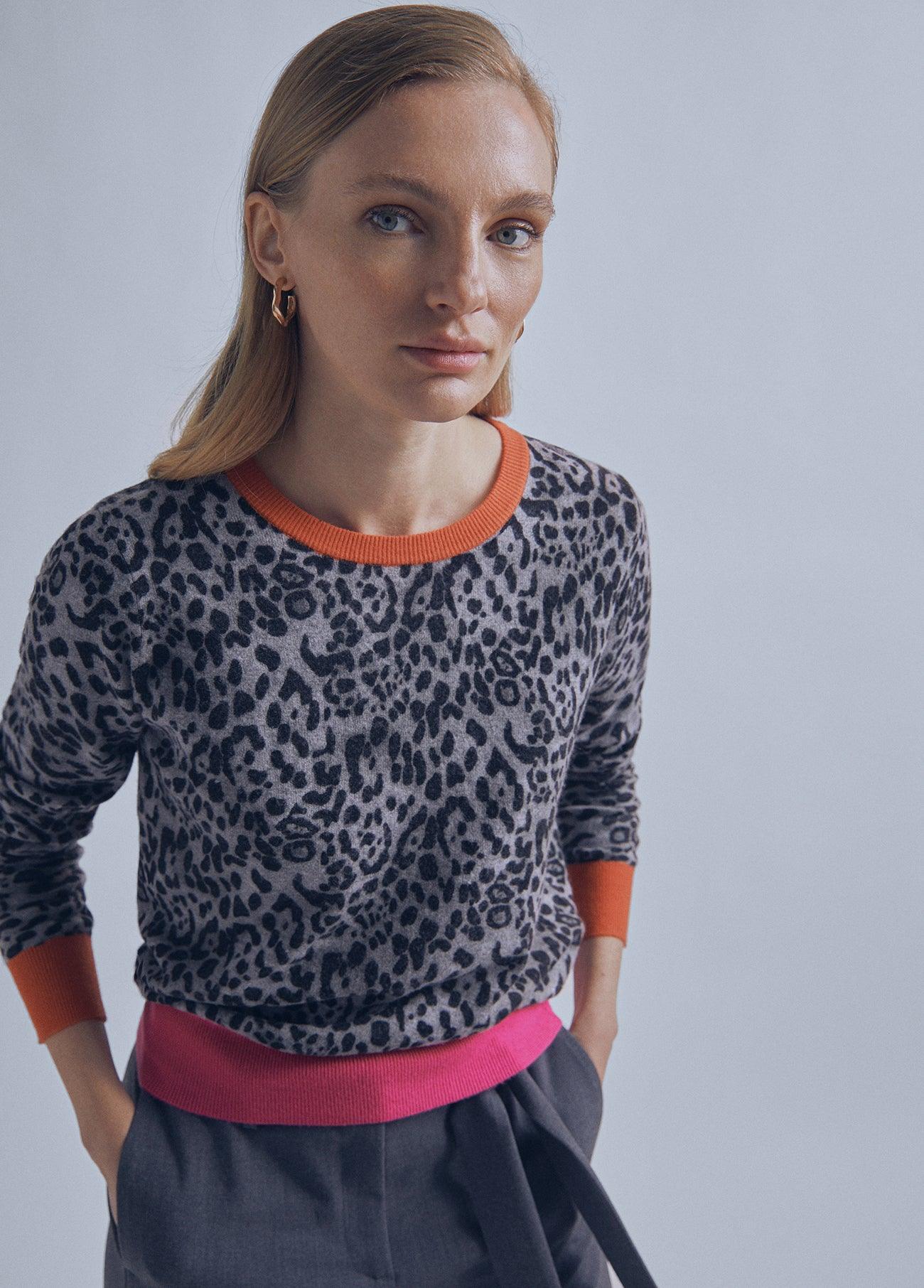 32461022-Animal print sweater with contrast cuffs-Multi