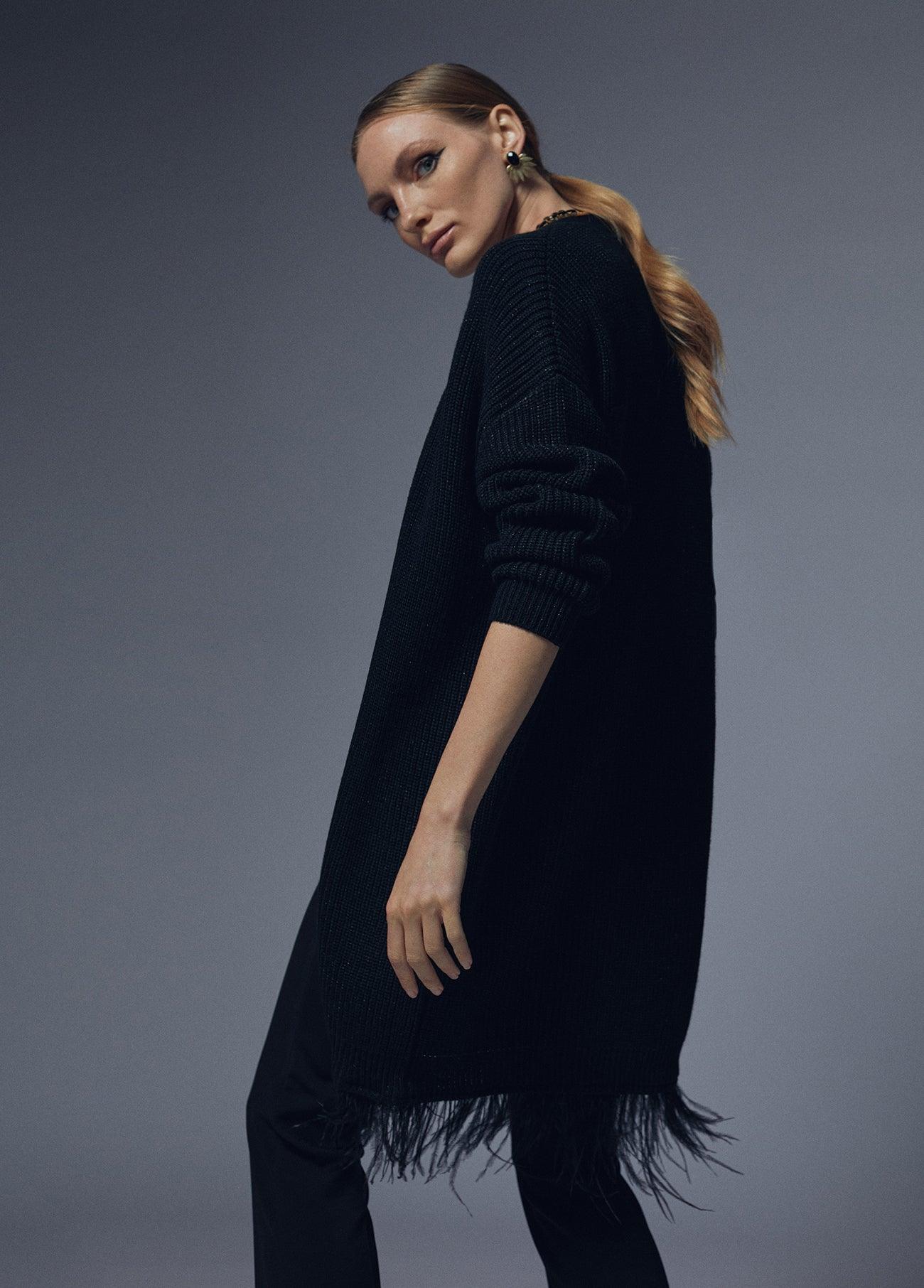 32461026-Cardigan with feather detail-Black