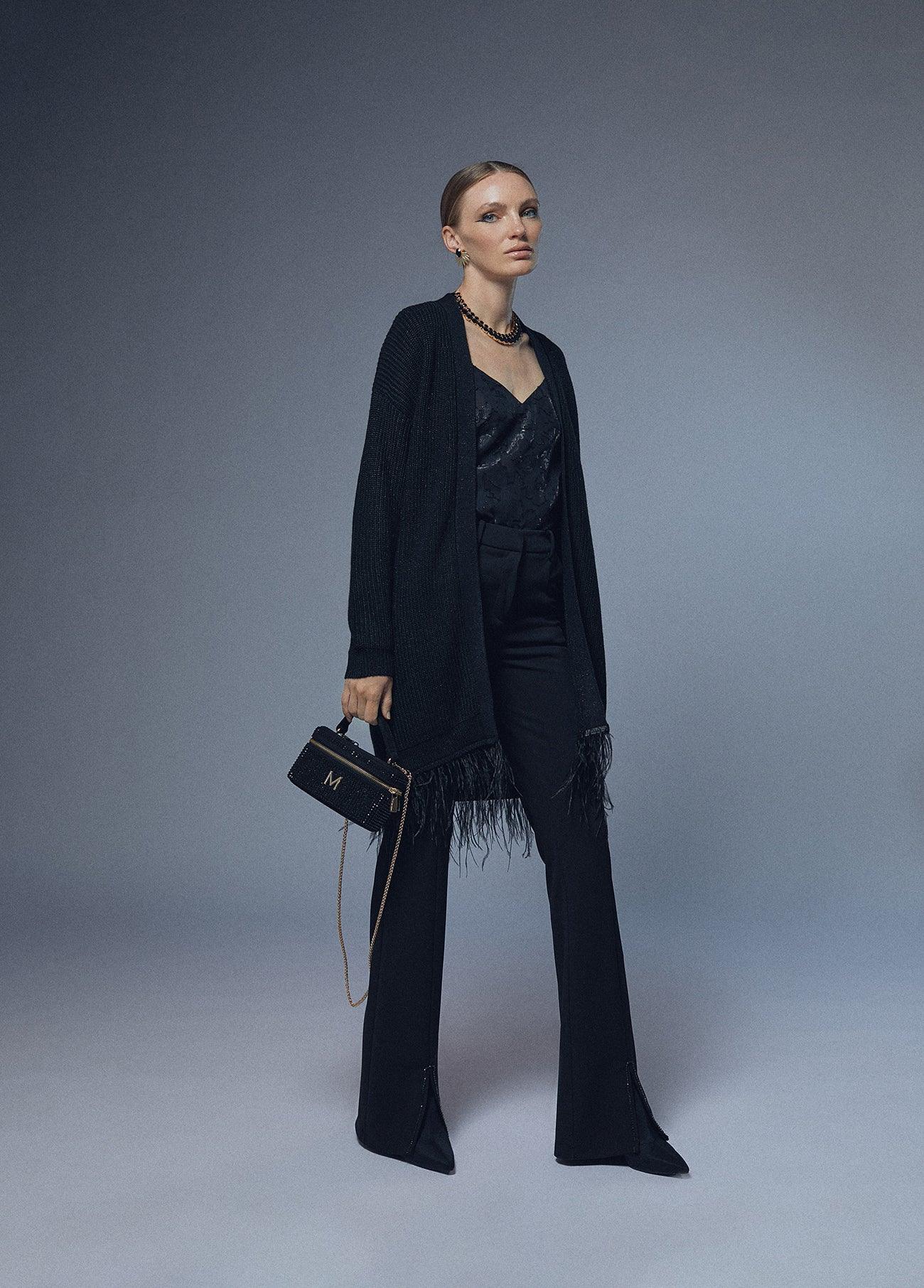 32461026-Cardigan with feather detail-Black