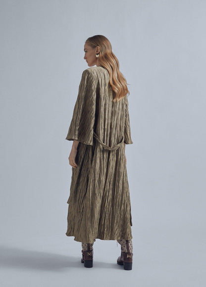 32465004-Pleated midi dress with a belt-Golden