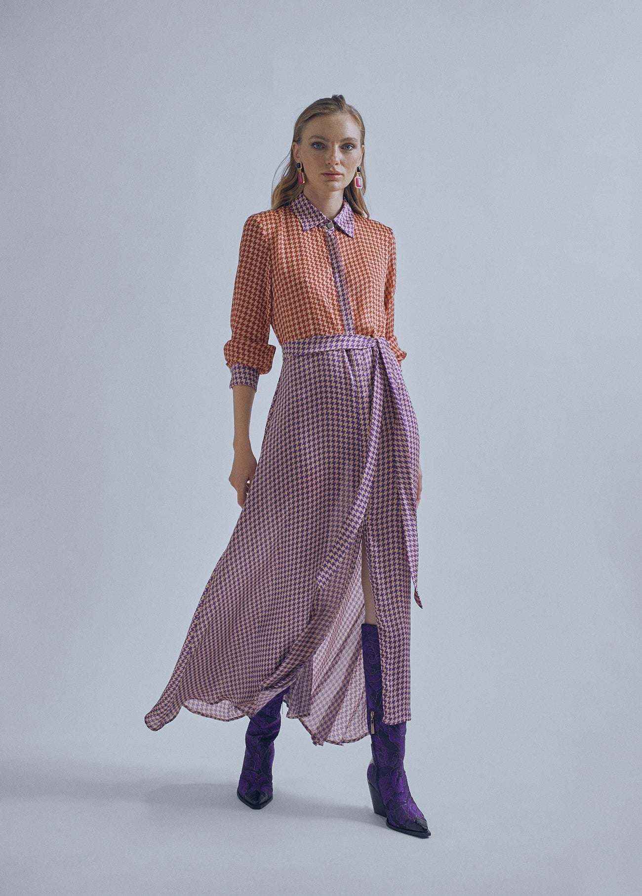 32465023-Contrast houndstooth dress-Multi