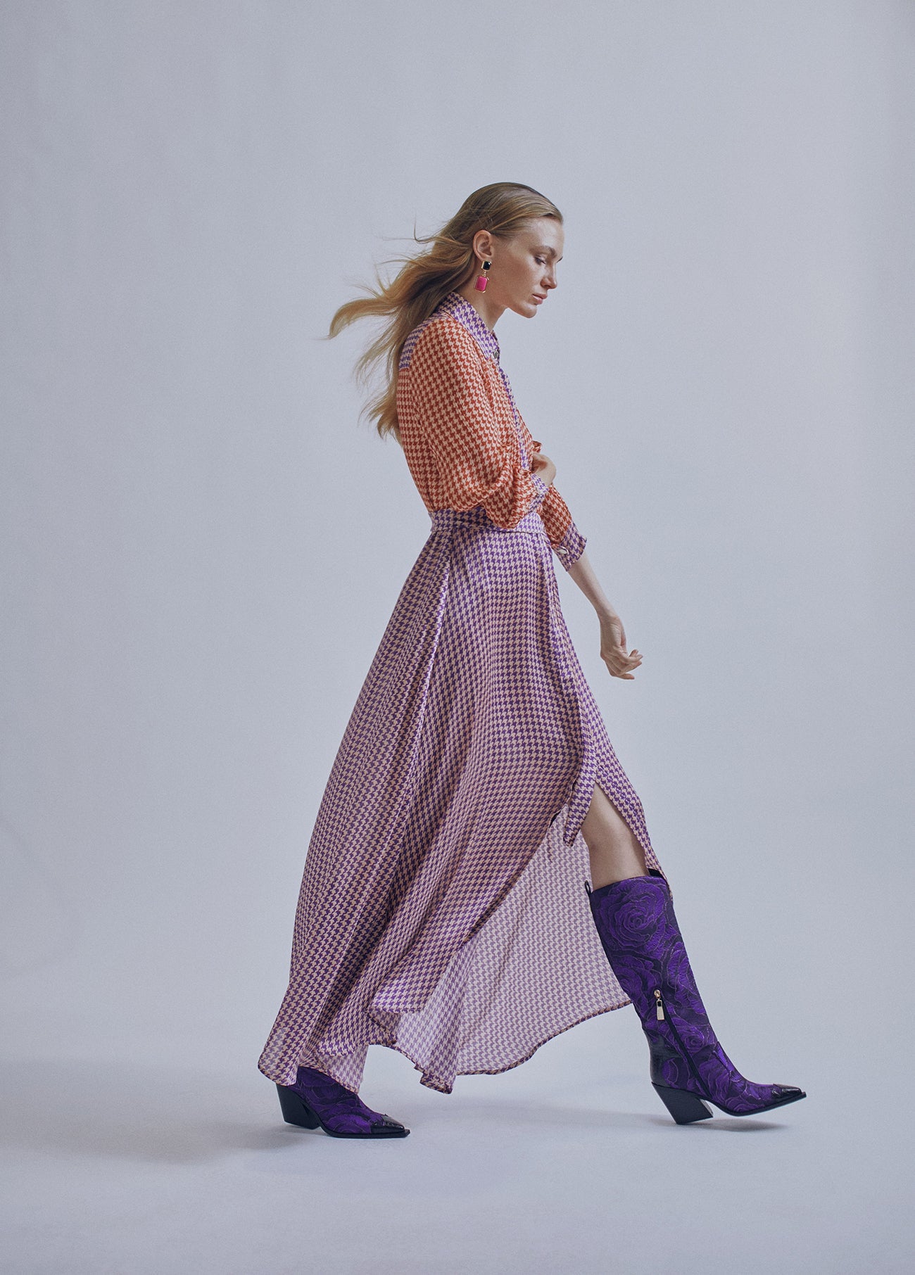 32465023-Contrast houndstooth dress-Multi