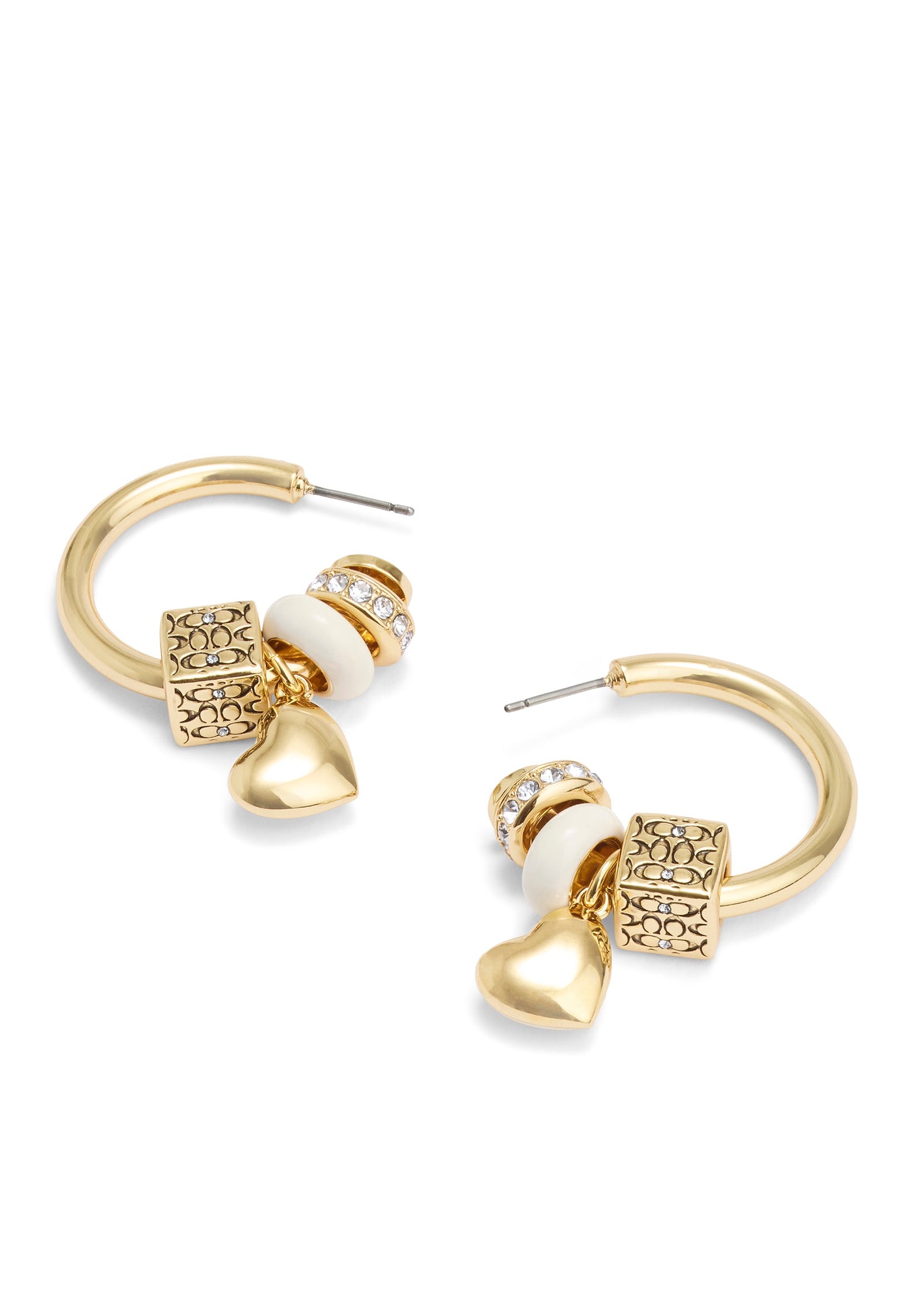 37479225GLD-Signature Enamel Heart Charm Hoop Earrings-White