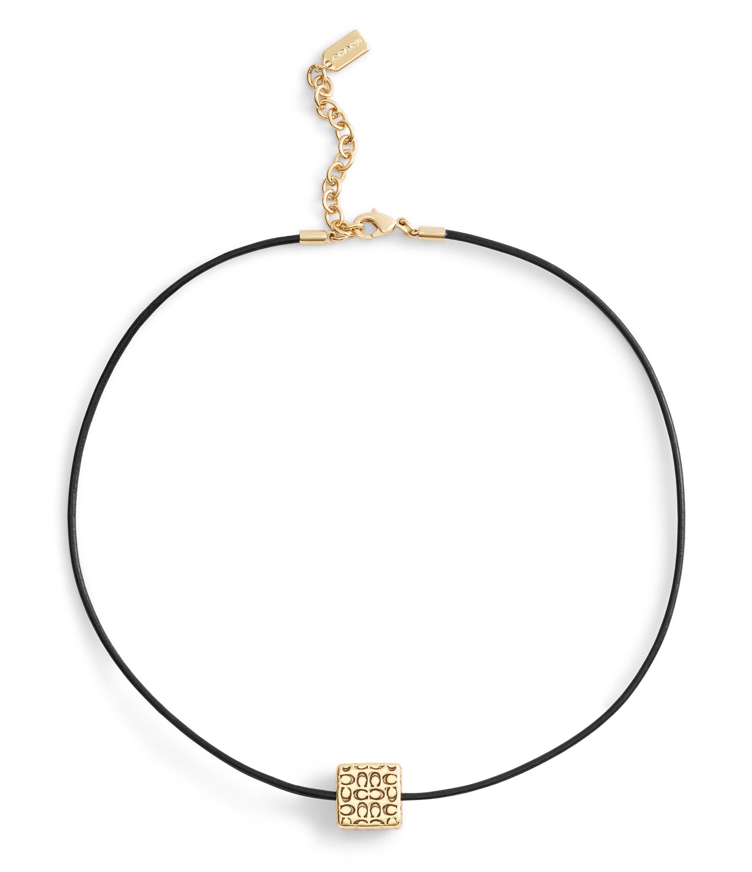 37506182GLD-Signature Quilted Cube Pendant Leather Necklace-Gold