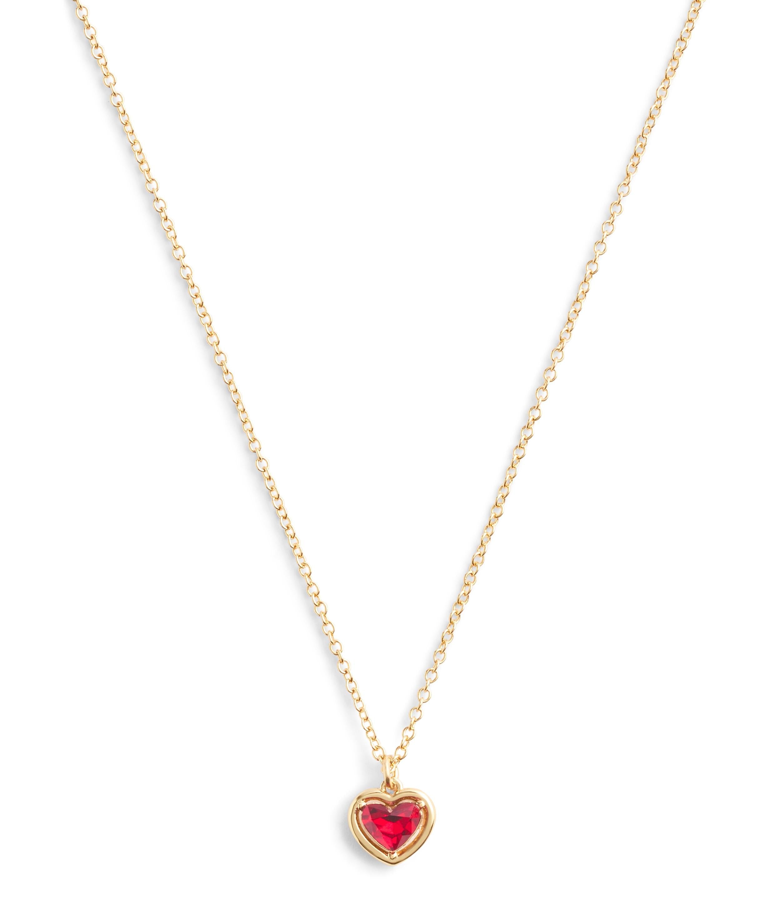 37506187GLD-Halo Stone Heart Pendant Necklace-Red