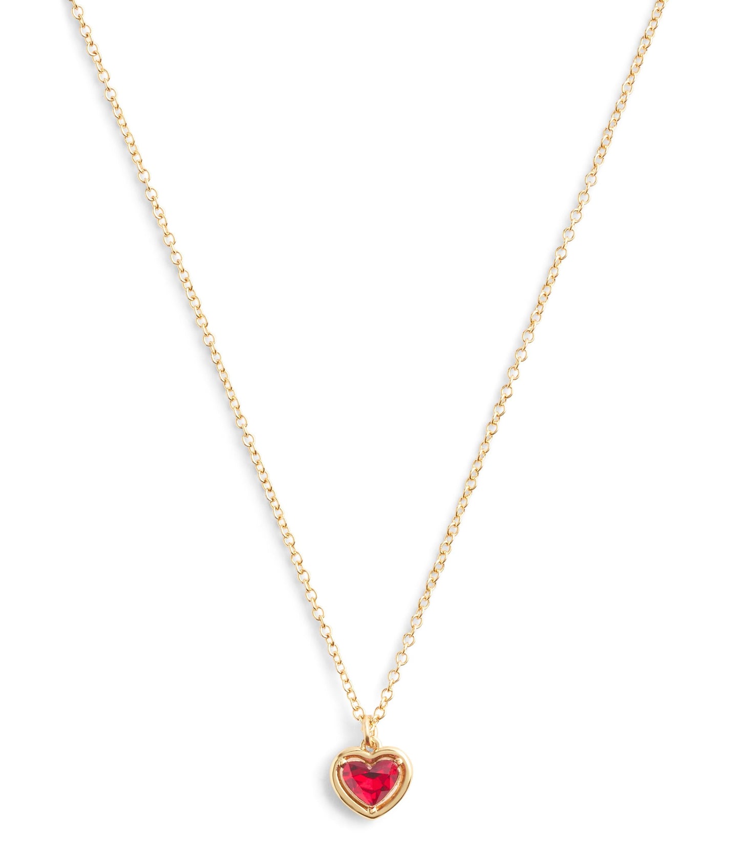 37506187GLD-Halo Stone Heart Pendant Necklace-Red