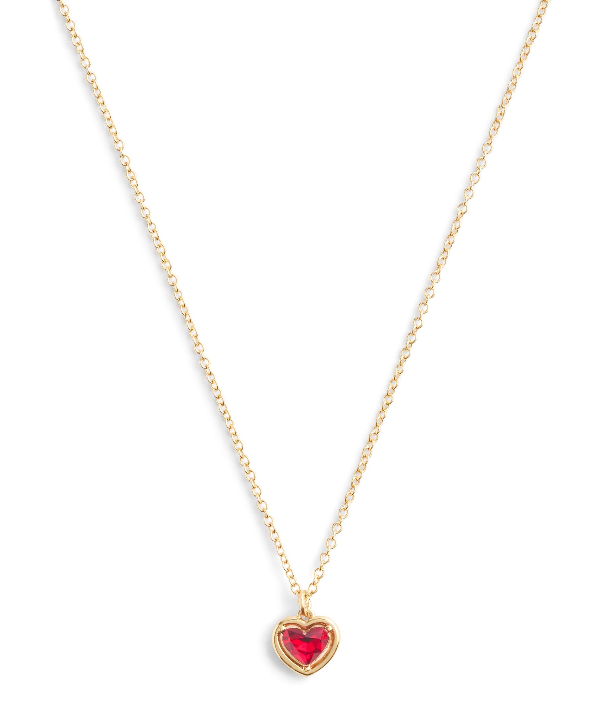 37506187GLD-Halo Stone Heart Pendant Necklace-Red