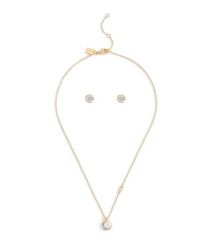 37530390GLD-Stone Necklace & Earrings Boxed Jewelry Set-Gold