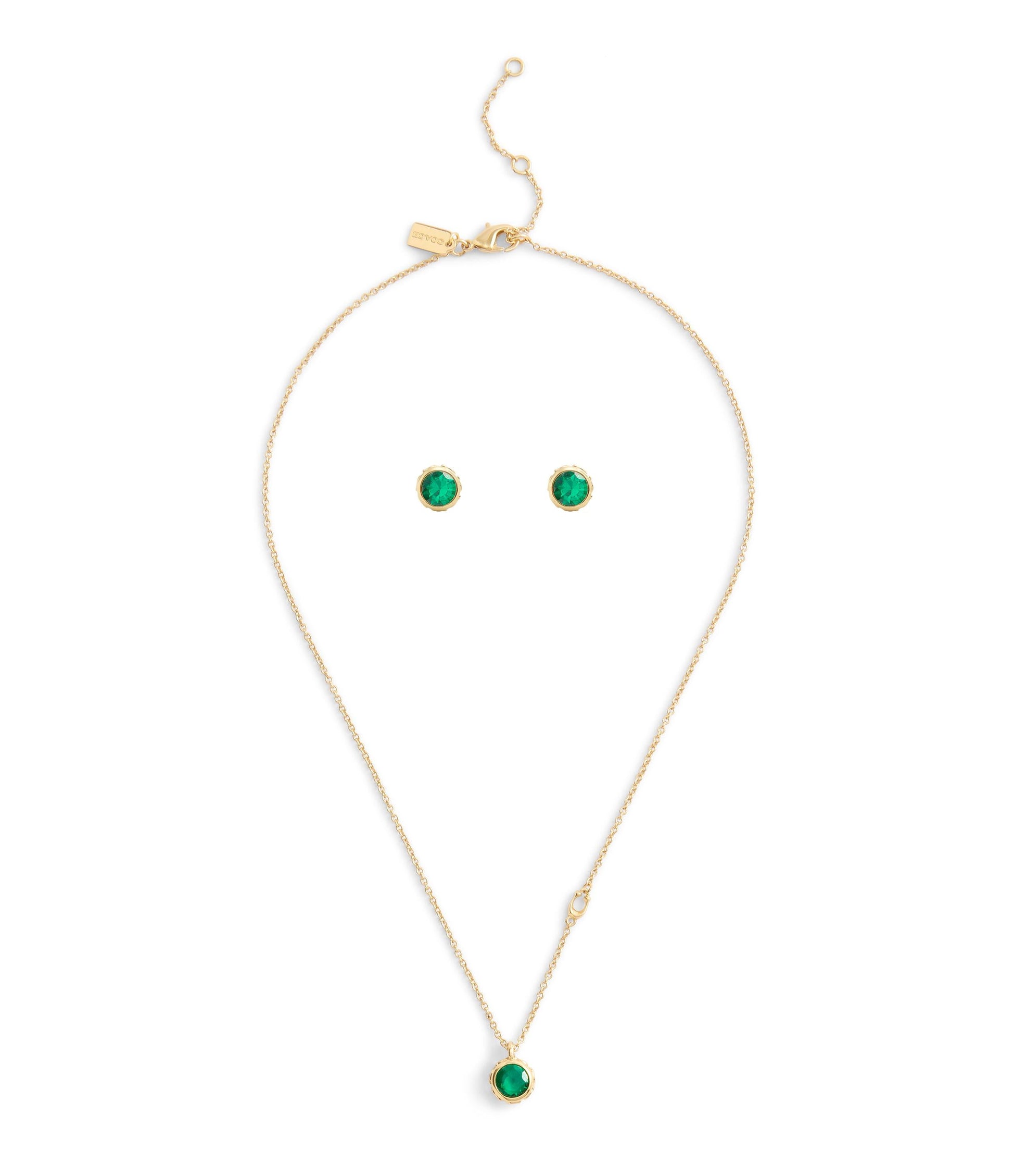 37530390GLD-Stone Necklace & Earrings Boxed Jewelry Set-Green