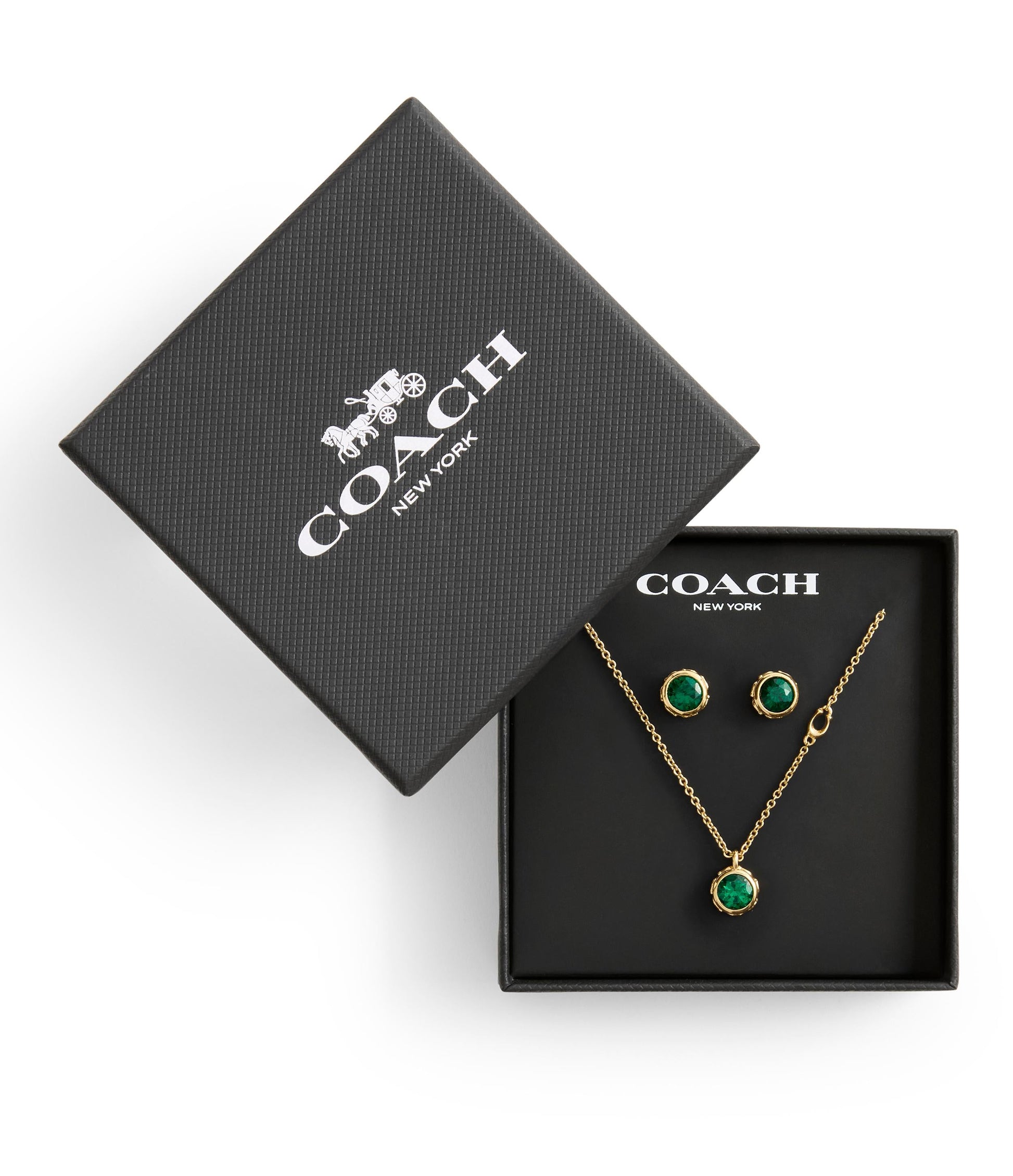37530390GLD-Stone Necklace & Earrings Boxed Jewelry Set-Green