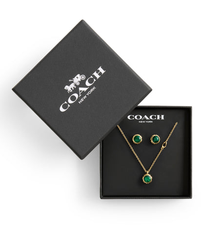 37530390GLD-Stone Necklace & Earrings Boxed Jewelry Set-Green