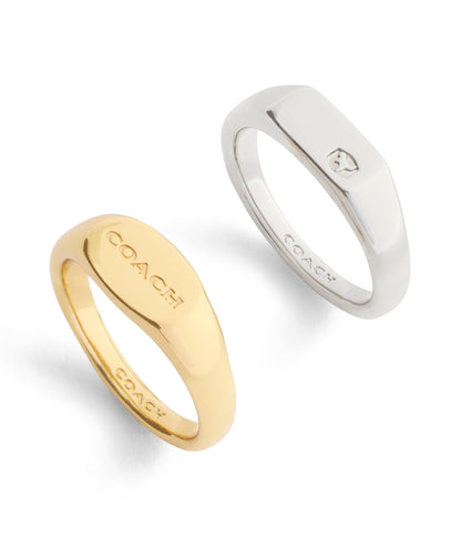 37541376TWO-Signature Signet Duo Ring Set-Twotone- Rhod/Gld