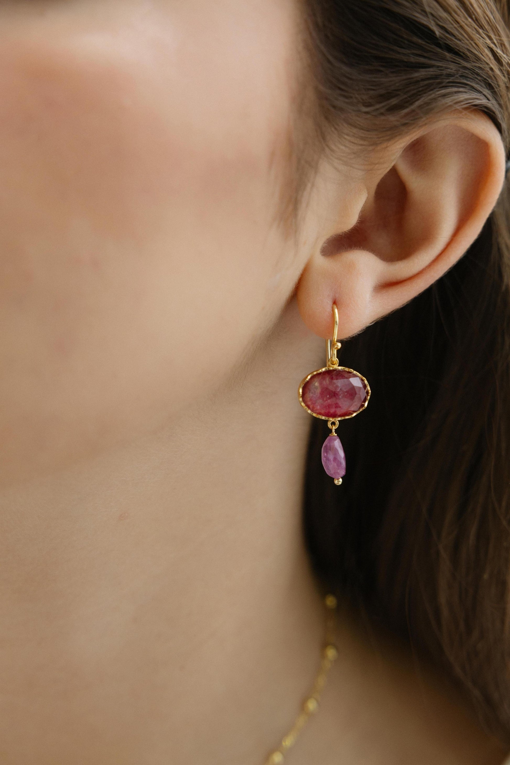 619ORF-Silver Yellow Gold Plated Earrings with Sem Precious Stones-Silver Yellow Gold Plated