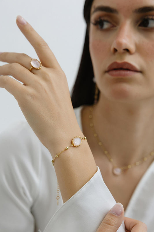 620BRR-Silver Yellow Gold Plated Bracelet with Sem Precious Stones-Silver Yellow Gold Plated