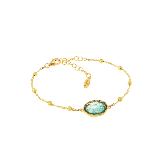620BRV-Silver Yellow Gold Plated Bracelet with Semi Precious Stones: Light Green-Yellow Gold Plated
