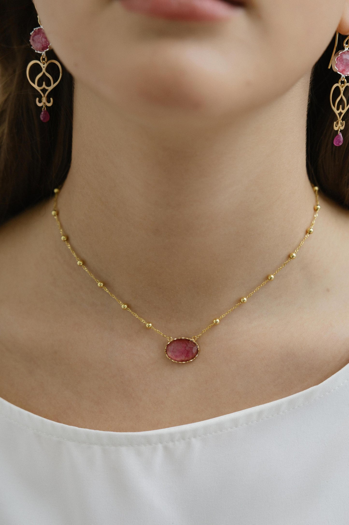 621GRF-Silver Yellow Gold Plated Necklace with Semi Precious Stones-Silver Yellow Gold Plated
