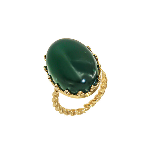 627ANAV-Silver Yellow Gold Plated Ring with Semi Precious Stones: Green Agate-Yellow Gold Plated