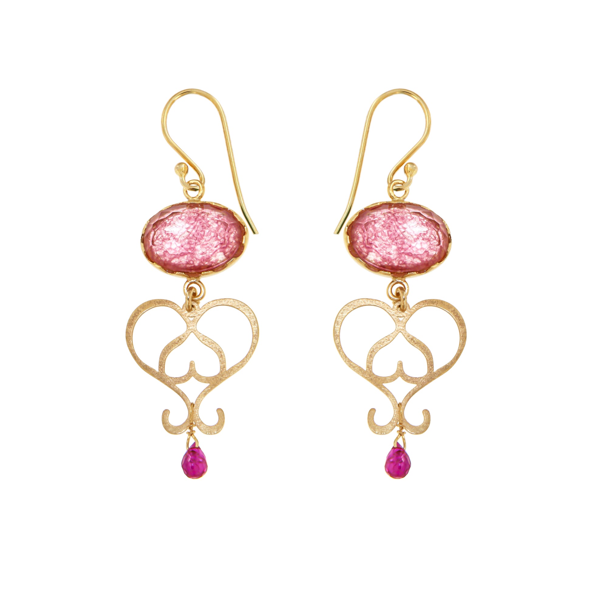 747ORFF-Silver Yellow Gold Plated Earrings with Semi Precious Stones: Fucsia-Yellow Gold Plated