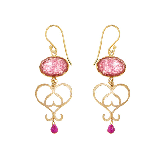 747ORFF-Silver Yellow Gold Plated Earrings with Semi Precious Stones: Fucsia-Yellow Gold Plated