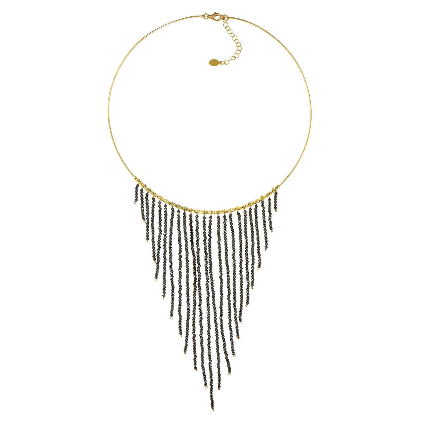 760GR-Silver Yellow Gold Plated Necklace with a Fall of Black Spinell-Yellow Gold Plated