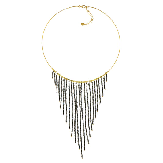 760GR-Silver Yellow Gold Plated Necklace with a Fall of Black Spinell-Yellow Gold Plated