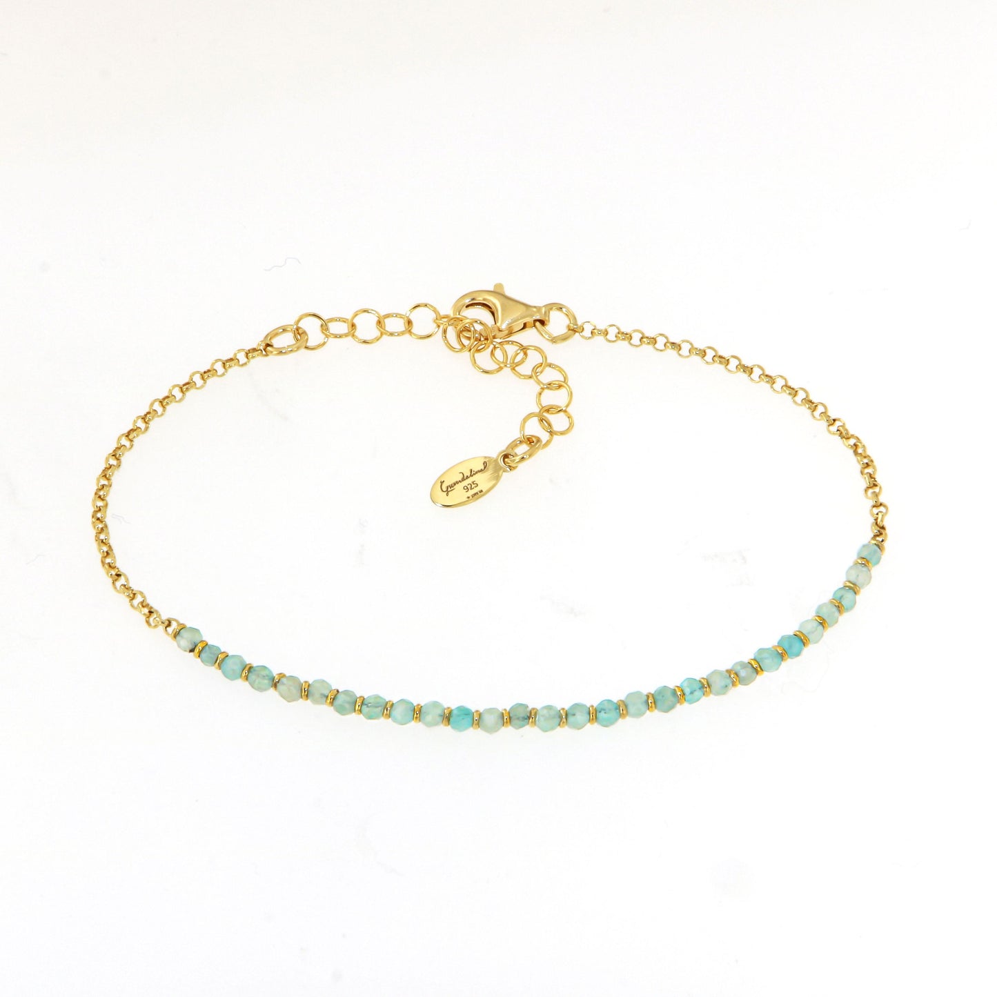 800BRLG-Silver Yellow Gold Plated Braceletet with Semi Precious Stones: Light Green-Yellow Gold Plated