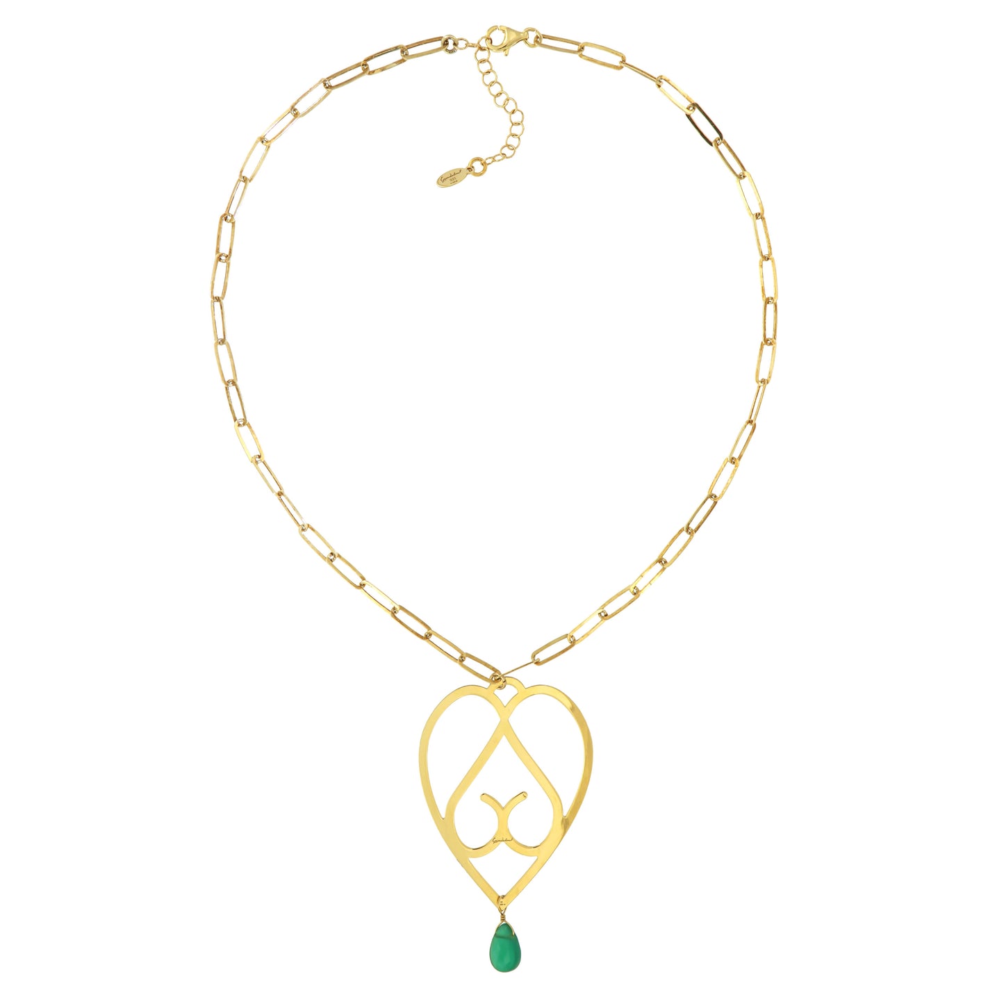 801GRAV-Silver Yellow Gold Plated Necklace with Semi Precious Stones: Green Agate-Yellow Gold Plated