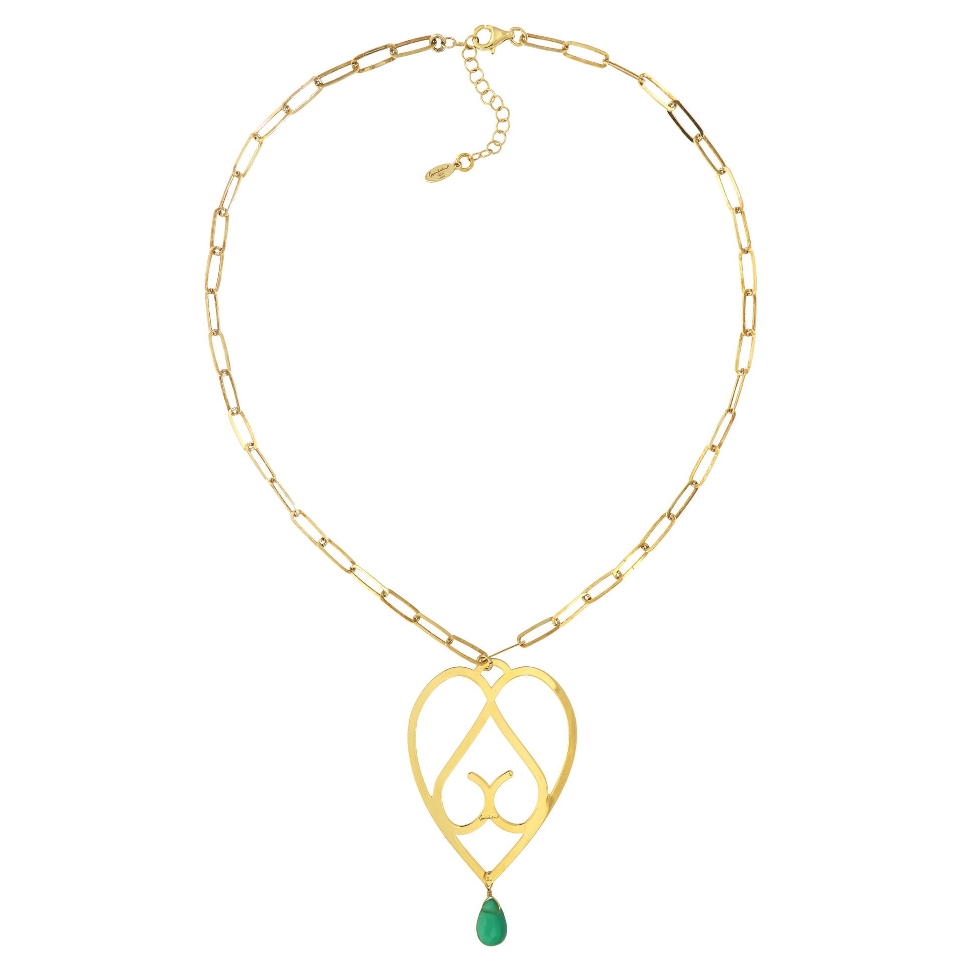 801GRAV-Silver Yellow Gold Plated Necklace with Semi Precious Stones: Green Agate-Yellow Gold Plated