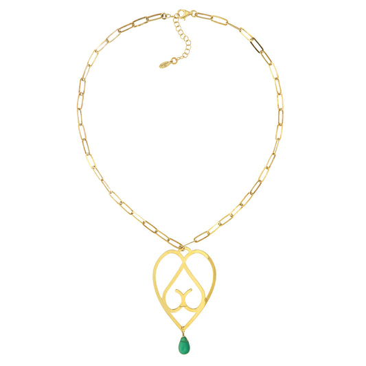 801GRAV-Silver Yellow Gold Plated Necklace with Semi Precious Stones: Green Agate-Yellow Gold Plated