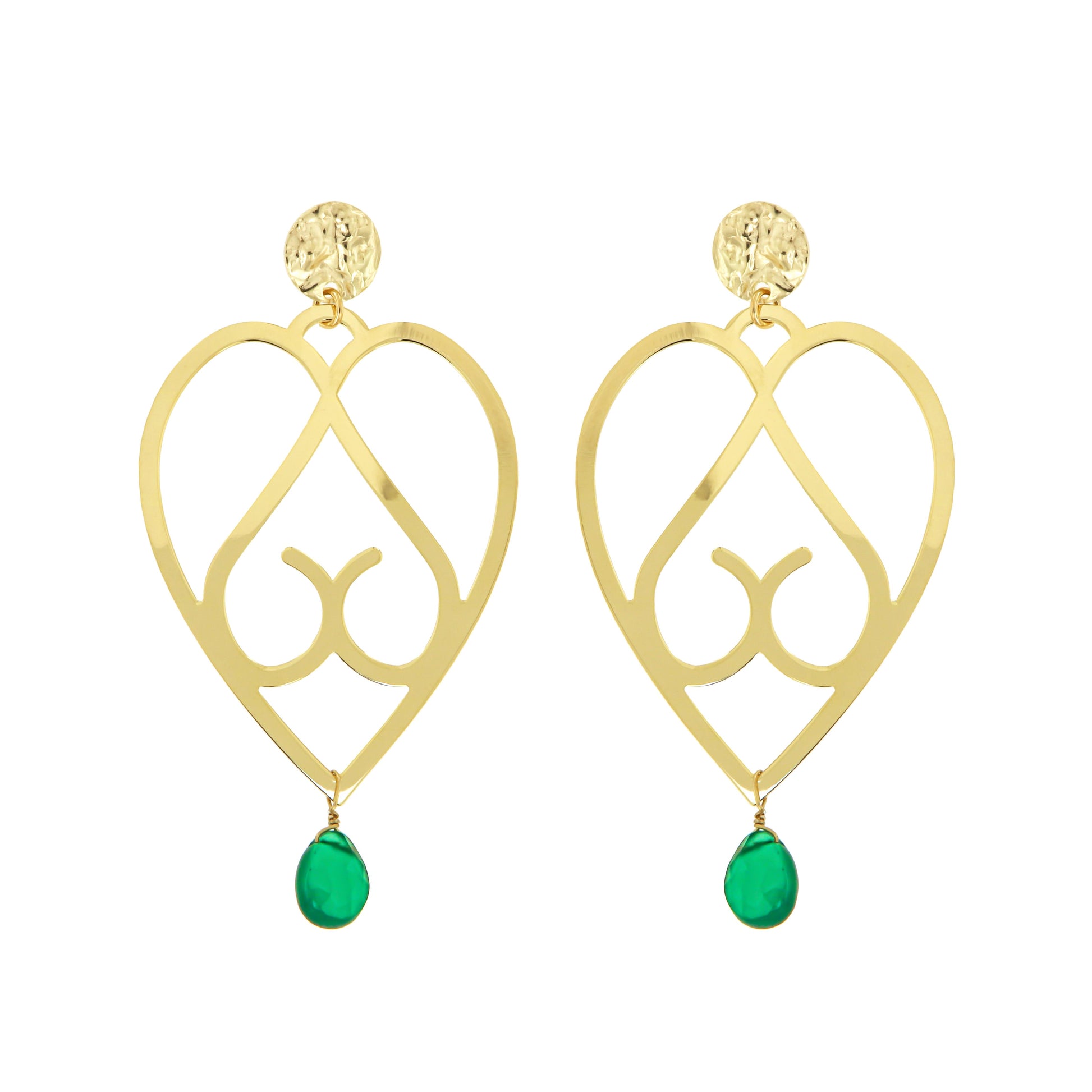 801ORAV-Silver Yellow Gold Plated Earrings with Semi Precious Stones: Green Agate-Yellow Gold Plated