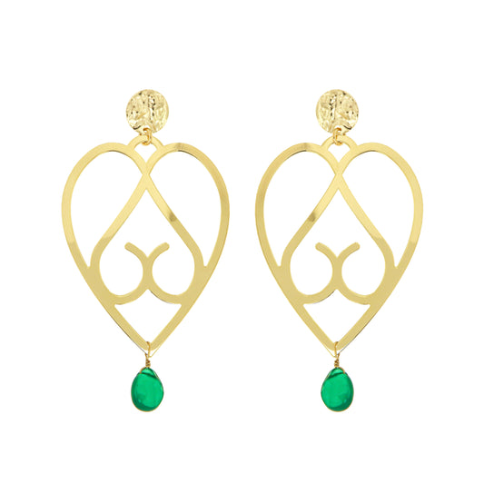801ORAV-Silver Yellow Gold Plated Earrings with Semi Precious Stones: Green Agate-Yellow Gold Plated