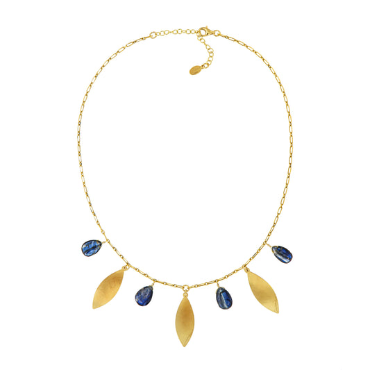 810GRC-Silver Yellow Shot Necklace with Chianite Flat Dropa and Silver Hand made Satinated Drops-Yellow Gold Plated